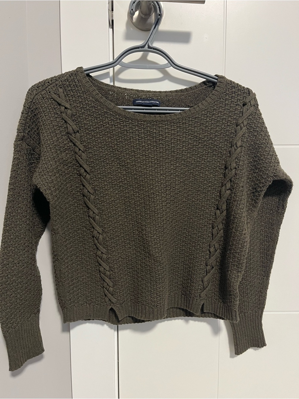 American Eagle Outfitters Olive Green Cable-Detail Crew Sweater